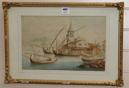 19th century Continental School, watercolour, Feluccas in harbour, 27 x 41cm